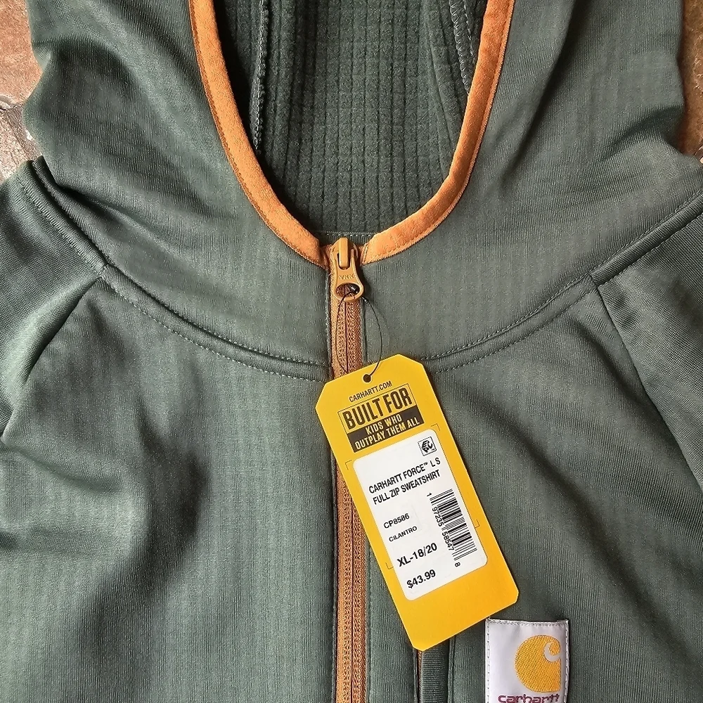 NWT Carhartt Boys Green with Brown Trim Force Jacket, Hoodie, Size Large 16 18